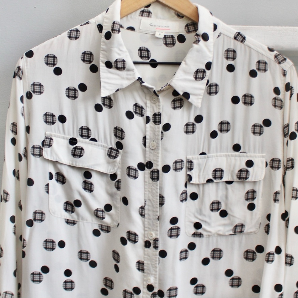 Vince Camuto Women’s White Black Polka-Dot Plaid Button-Up Shirt Size Medium - Picture 4 of 4